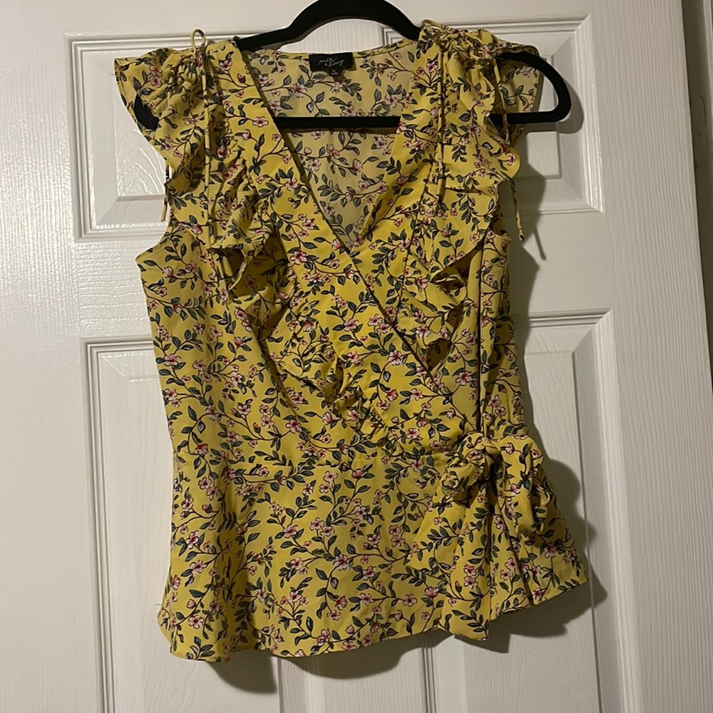 Super cute yellow ruffle faux wrap top